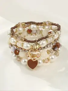 Boho Heart Beaded Bracelets Set for Women, Handmade Pearl Jewelry, Perfect Gift for Parties & Daily Wear, Fashion Accessories, Boho Style Bracelet