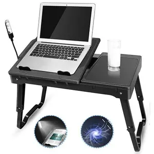 Foldable Laptop Table Bed Notebook Desk w/Cooling Fan Mouse Board LED light 4 x USB Ports Breakfast Snacking Tray with Storage Groove For Home Office