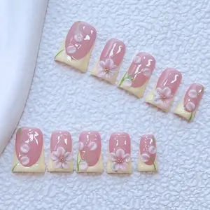 10pcs Handmade Y2K Nails Chic Duckbill Press On Nails Set - Handcrafted, Pink Nails, Yellow French Style, Handmade 3D Yellow Flowers With Green Petal, Hand Drawn Design, Sparkling Golden Steel Ball Accents - Suitable For Women And Girls, Party, Wedding