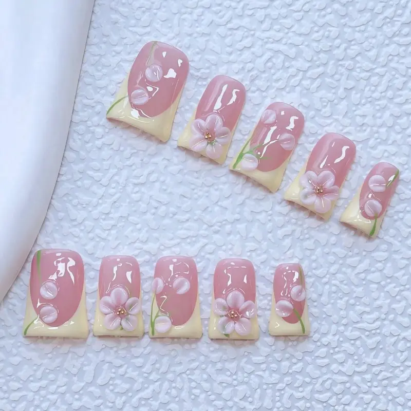 10pcs Handmade Y2K Duckbill Press On Nails Set, Decorative Nails, Pink, Yellow French Tip, 3D Yellow Flowers With Green Petal, Hand Drawn Design, Sparkling Golden Steel Ball Accents, Suitable For Women, Girls, Party, Wedding
