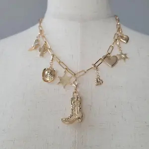 Interchangeable Western Boot Hat Charm Necklace with Lobster Claw Metal Finish, Gold Plated Anti-Tarnish, Pendants for Personalization