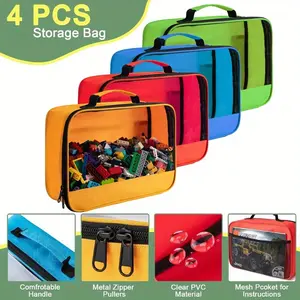 4PCS Large Toys Storage Bag with Zipper Reusable Clear PVC Oxford Fabric Bricks Building Set Board Game Storage Bag for Building Blocks Puzzle Books, Red Orange Blue Green