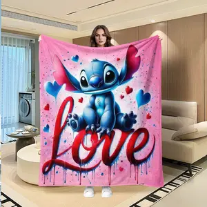 Cute Girl Style Stich Flannel Blanket, Base Color, Adorable Stich Main Visual, Graffiti Love Lettering, Soft Warm Cover