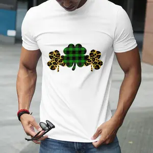 St. Patrick's Day Shamrock T-shirt - Plaid & Leopard Print Patchwork Design, Casual Crew Neck Short-Sleeved T-shirt, All Seasons Suitable, Comfortable & Versatile, Festive Trendy Style, White Base Unique Apparel, The Best Choice For Gifting
