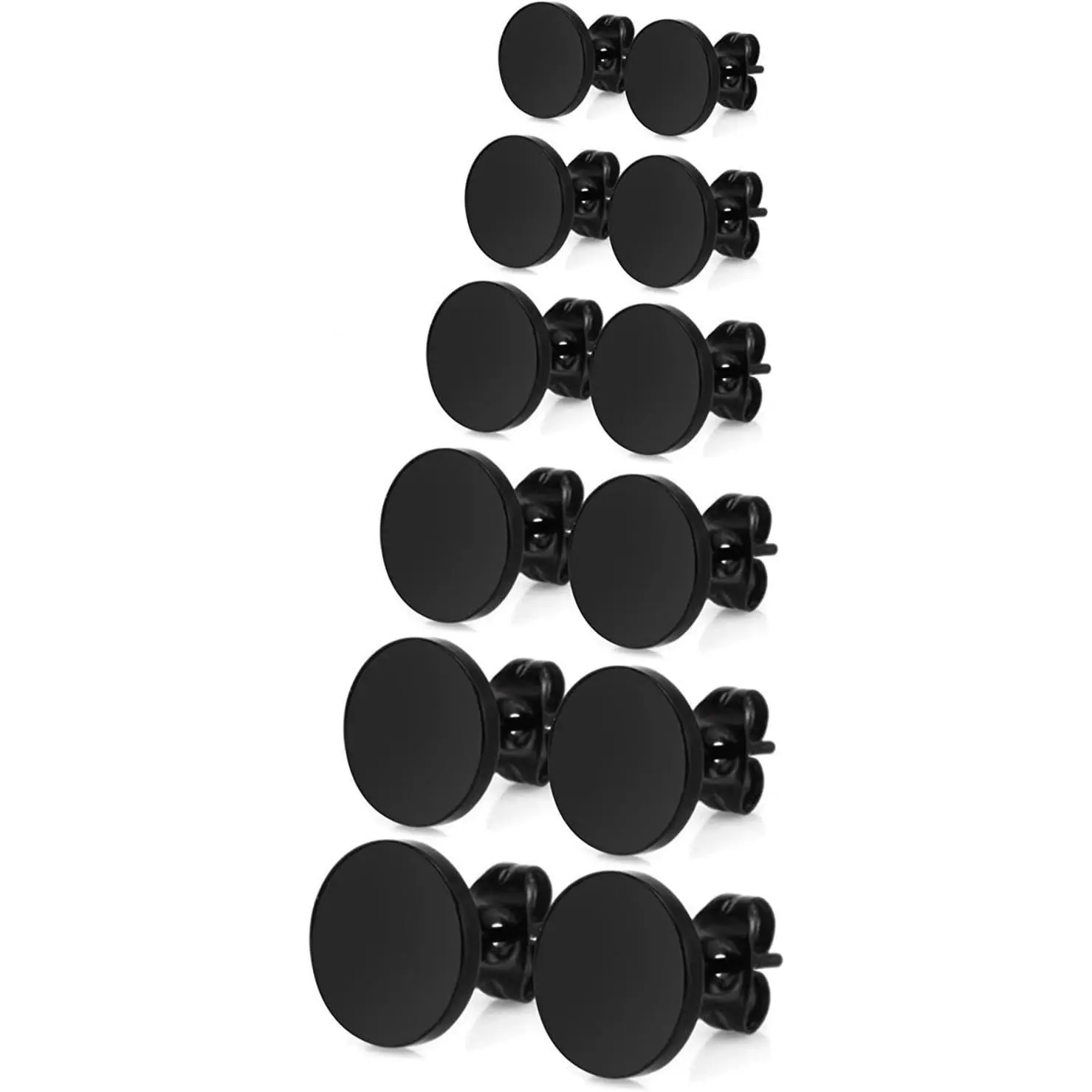 Dot Earrings Men Black Studs Silver Stainless Steel Disc Circle Round Flat CZ Earring Set for Women (3mm-10mm,5-6 Pairs,Black/Silver)