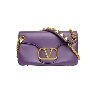 Pre-owned Valentino leather Tote Bags Purple S size, gold buckle, V logo, single shoulder crossbody bag