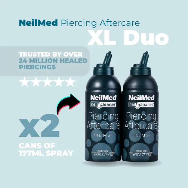 NeilMed Piercing Spray XL Duo - Two 177 ml Fine Mist Cans Sterile Saline Piercing Cleaning Solution Gentle Skin Repair Healing Cleanser No Irritation No Stinging Safe for All Skin Types Effective Healing of New and Healed Piercings Pack Cleansing Value