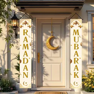 2D Door Banner, Ramadan Mubarak Door Banners, Decorative Banner - Polyester Welcome Flags with Crescent Moon and Stars, Perfect for Indoor/Outdoor Festive Decorations, Home Entrance, Porch, and Courtyard, Ramadan Decoration, Party Decorations Banners