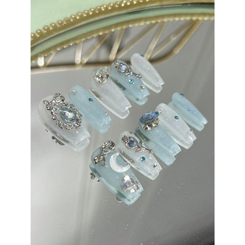 10pcs Handmade Long Coffin Blue False Nails With Butterfly, Flower, Moon, Blue Dove Egg Patterns, Full Cover False Nail Tips With Glitter For Party Press On Nails Nail Supplies