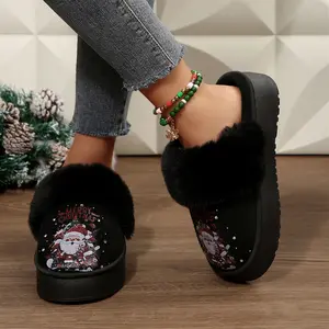 Women's Furry Christmas Slippers Embellished with Santa Image Winter Warm Mini Snow Boots Indoor Outdoor Shoes