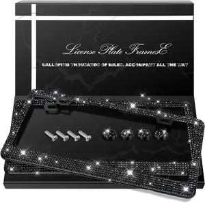 2 Pack Bling License Plate Frames, Sparkly Rhinestone Diamond Car License Plate Cover, Stainless Steel Car Accessories with Glitter Crystal Caps
