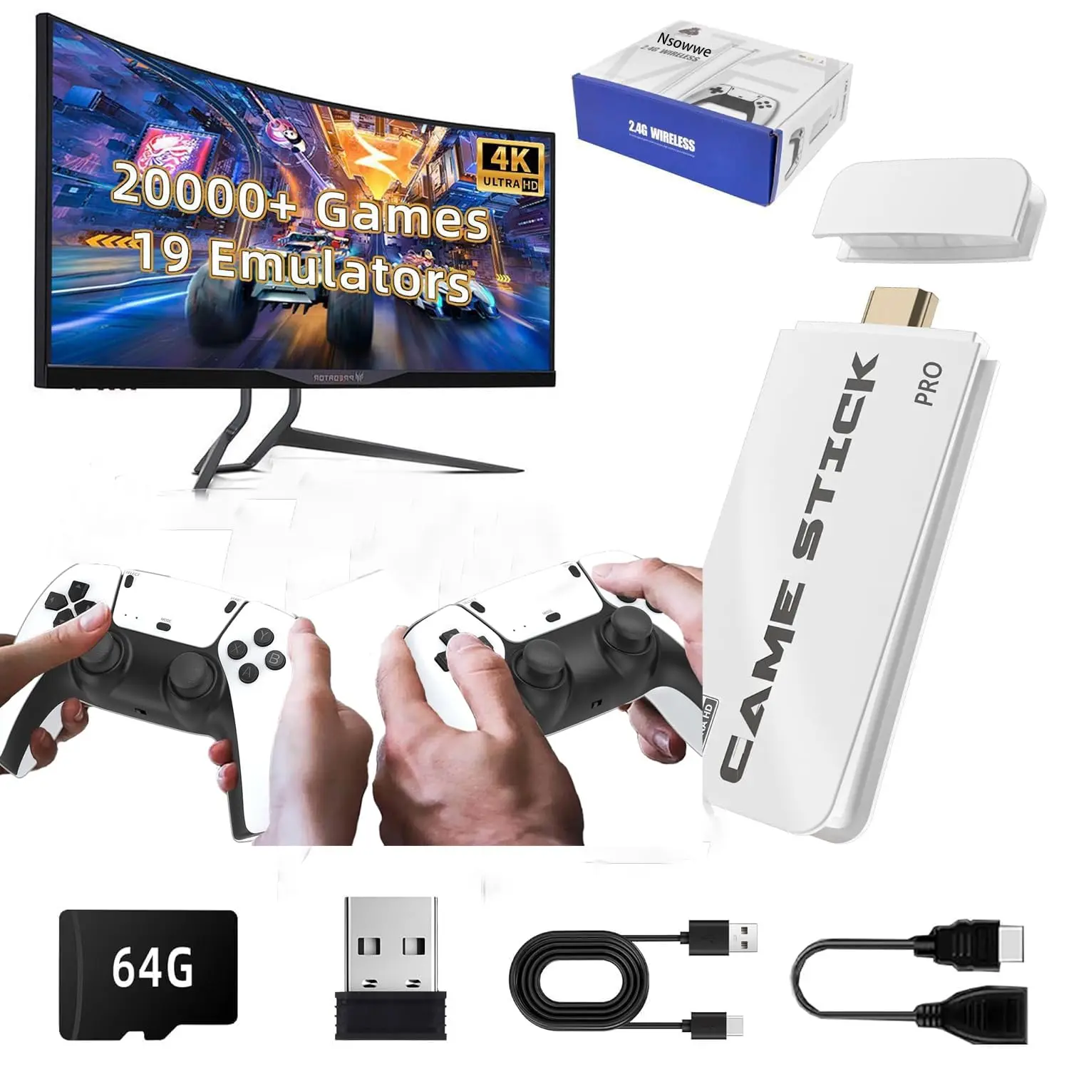 2025 Upgrade Retro Game Console Stick Pro, Classic Video Games with 4K HDMI, Built-in 19 Emulators, 20000+ Games - Plug & Play TV Video Gaming Stick with Upgrade Dual 2.4G Wireless Controllers(64GB)