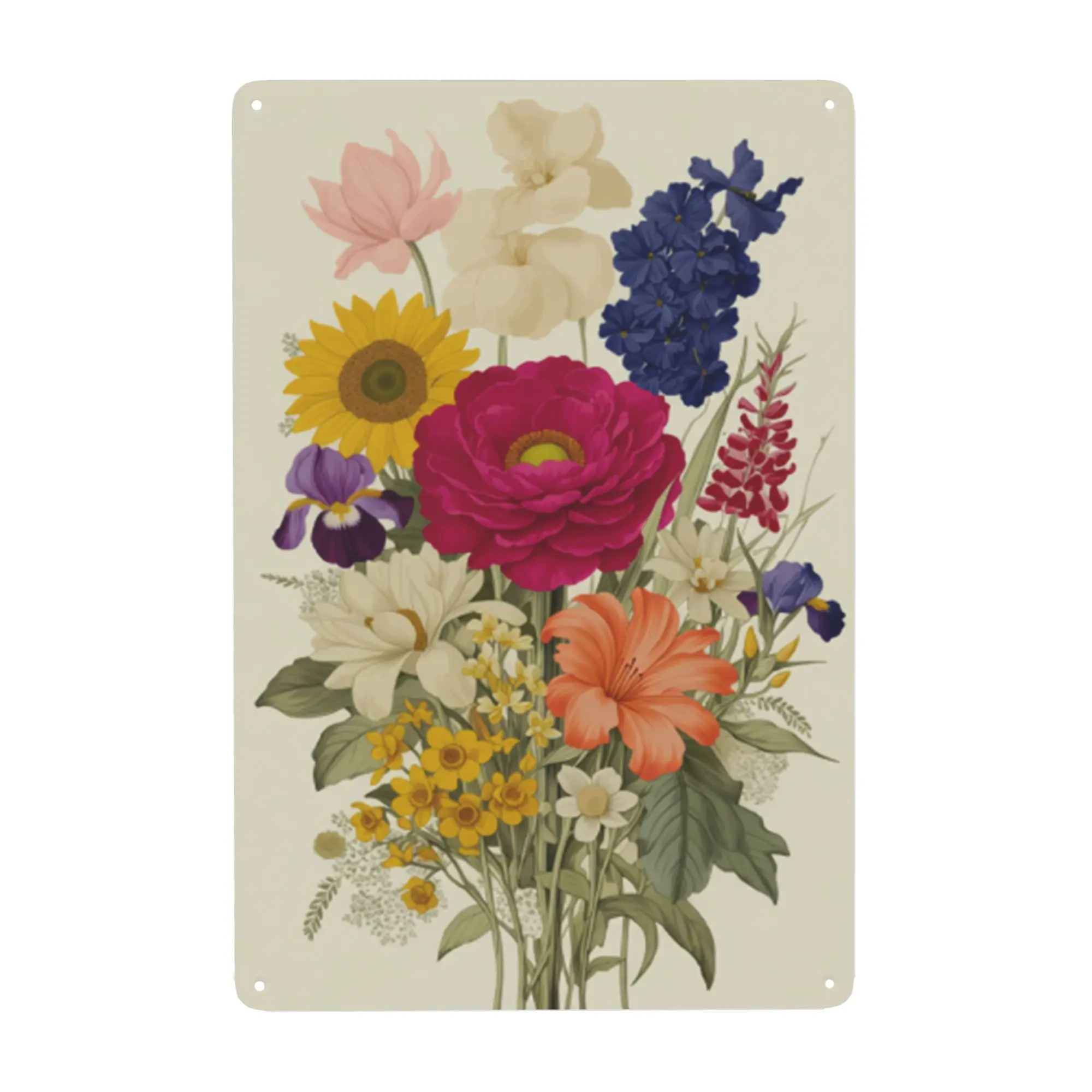 Vintage Distressed Metal Tin Sign Vibrant Mixed Wildflower Bouquet Peony Sunflower Iris Lily Cream Off White Wall Plaque, Shabby Chic Cottagecore Bright Botanical Floral Wall Art Decor For Bedroom Vanity Sunroom Floral Boutique Bathroom Reading Nook Porch