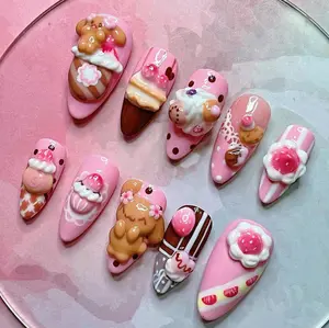 Handmade Dessert Bear Press On Nails | 3D Cupcake & Strawberry Nail Set | Pink Chocolate Kawaii Sweet Café Nails