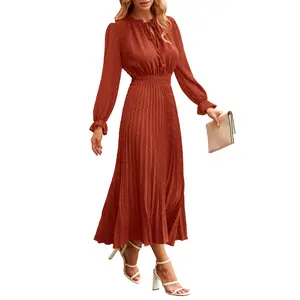 PrettyGarden Women's Fall Midi Dress Casual Long Sleeve V Neck Swiss Dot Pleated A Line Flowy Dresses