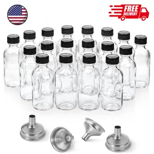 18 Pack, 2 oz Small Clear Glass Bottles w/Lid & 4 Stainless Steel Funnels - 60ml