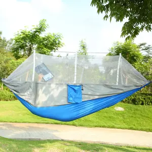 NEWZOME Portable Double Hammock with Mosquito Net for 2 Persons Lightweight Parachute Nylon Swing Bed Supports 600lbs for Outdoor Camping Hiking Travel Backyard with Tree Straps Hooks and Carry Bag