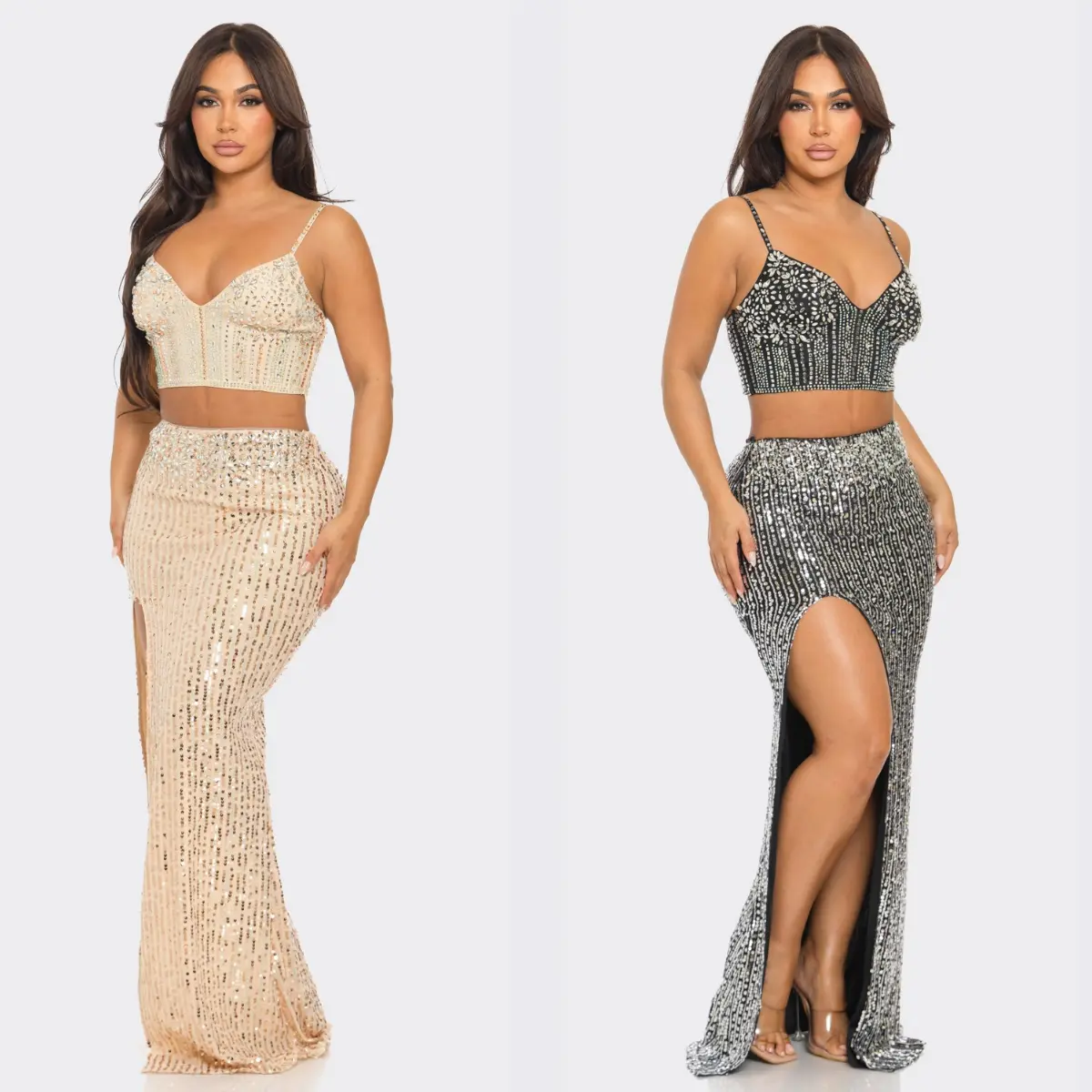 Gina Sequin Two-Piece Corset Maxi Set - Black & Beige Sparkling Sequined Crop Top with High Slit Skirt Ensemble - TikTok Shop Gina Sequin Two-Piece Corset Maxi Set - Black & Beige Sparkling Sequined Crop Top with High Slit Skirt Ensemble - TikTok Shop