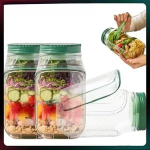 Portable Salad Storage Jar Container with Leakproof Dressing Compartment,Environmentally Friendly Plastic Materials,Microwave/ Dishwasher/Freezer Safe,Suitable for Home, Outdoor, Travel and Party, Work,FitnessPortable,Keeps Food Fresh ransparent Bowl