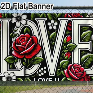 2D flat banner, 1pcVibrant LOVE Floral Backdrop, Romantic Tattoo-Inspired Love Decor for Social Media Video Backgrounds, Red Roses & White Flowers with Black Accents