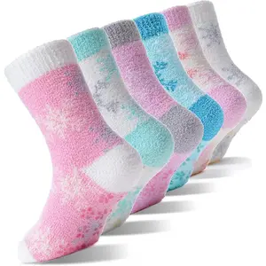 P-SOK015    Girls Kids Toddler Fuzzy Socks with Grips Non Slip Slipper Socks Crew Cabin Cozy Fluffy Warm Winter Socks 6 Pairs