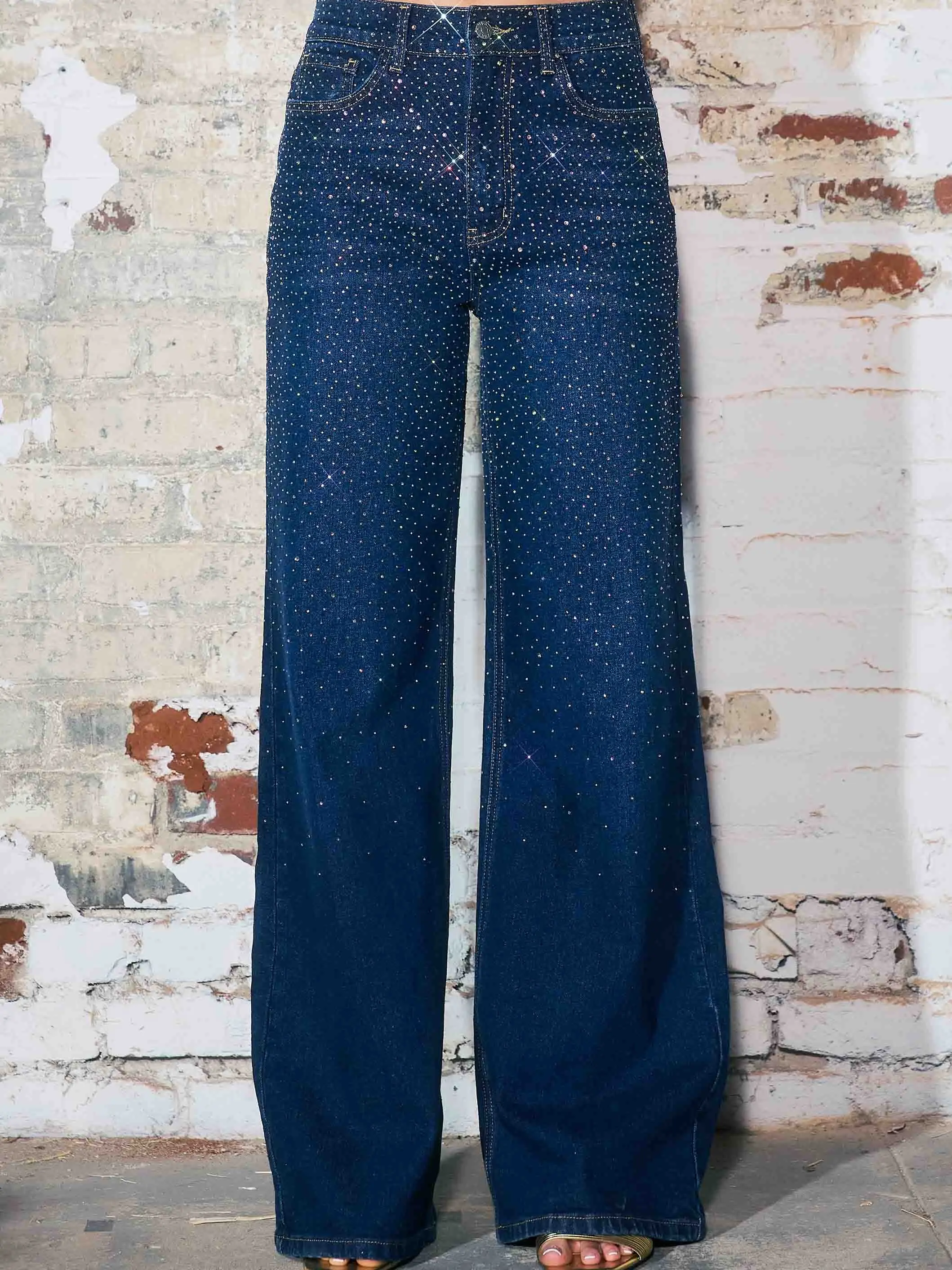 [XPT302-R] Iridescent Rhinestone High-Rise Wide Leg Jeans