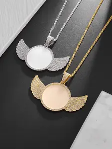 Round Wing Memorial Photo Frame Pendant Necklace, Eco-Friendly Alloy Jewelry with Micro-Zirconia, Bling Stylish Accessory, Casual Hip-Hop Style, Perfect Gift