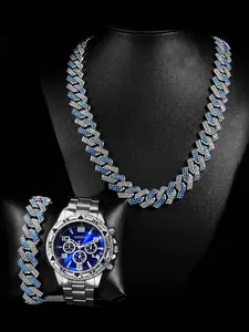 Men's Luxury Business Alloy Watch Set with Colorful Bracelet & Hip Hop Cuban Chain Necklace Jewelry, Perfect for Business Gatherings, Matching Jewelry Set