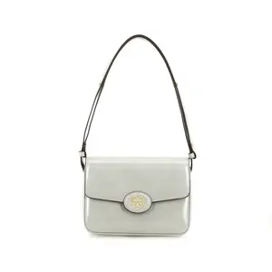 Tory Burch Robinson 21 Magnetic Closure Flip-Top Adjustable Strap Leather Crossbody Shoulder Bag For Women In Light Gray