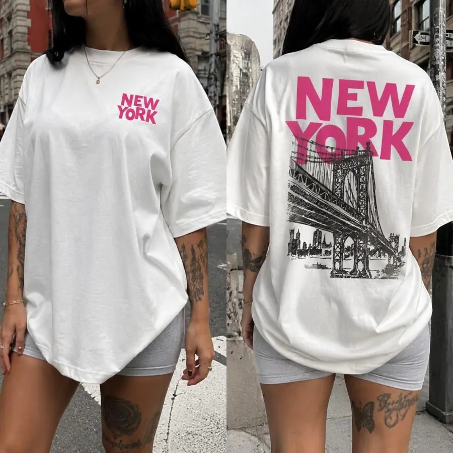 New York Brooklyn Bridge Graphic Oversized T Shirt Women Casual Streetwear Soft Cotton White Tee Summer Y2K Aesthetic Daily Wear Fashion Top For Going Out Outdoor Travel