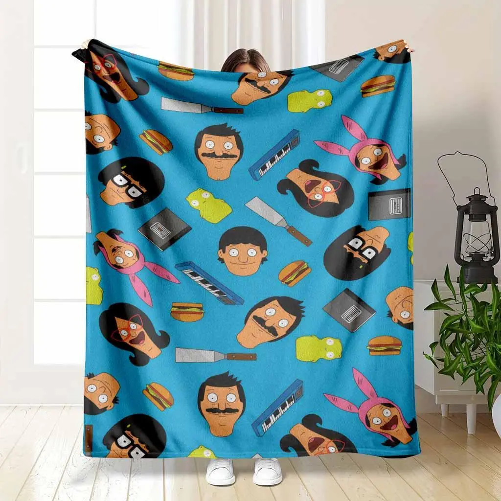 Cartoon Character Flannel Blanket Colorful Burger Kitchen Utensil Print Soft Warm Lightweight Cozy Throw for Sofa Bedroom Office Travel Summer Gift Giving
