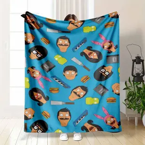 Cartoon Character Flannel Blanket with Colorful Burger and Kitchen Utensil Print Soft Warm Lightweight Cozy Throw Perfect for Sofa Bedroom Office Travel Gift Giving