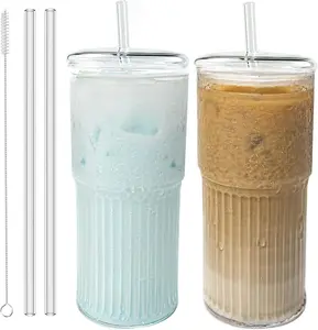 【Set of 2】Glass Coffee Cups with Lids and Straws, 20 OZ Iced Water Glasses Tumblers for Ice Juice, Tea, Milk, Smoothie and Cold or Hot Drinks