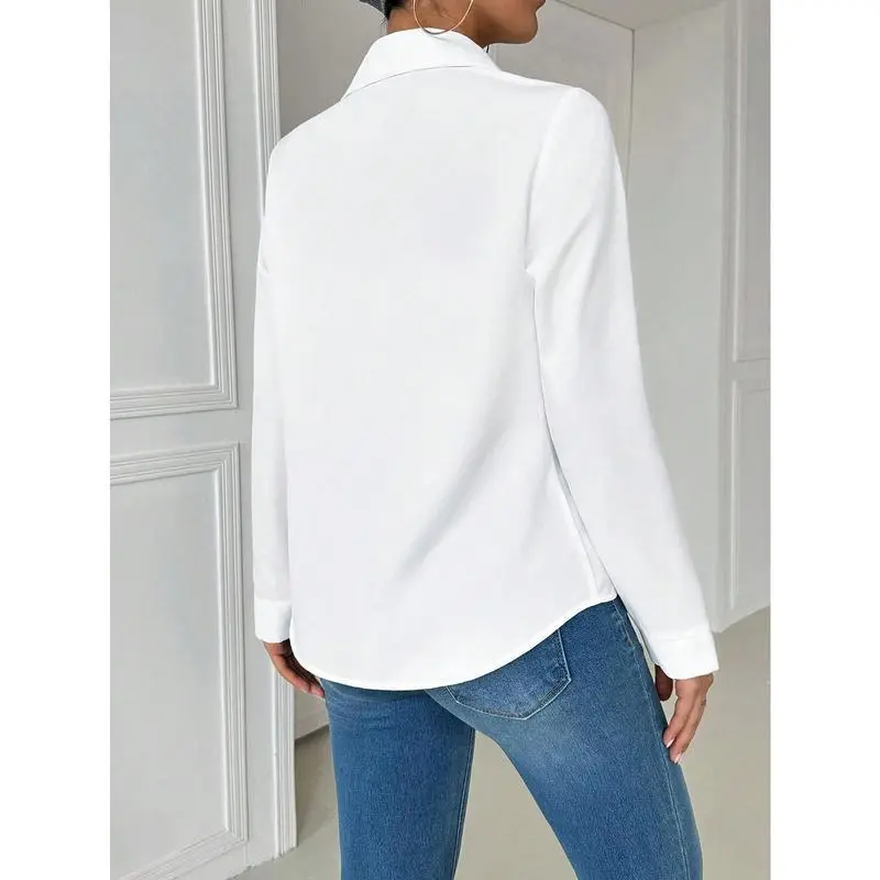 Women's White Collared Button Down Blouse – Fitted Long Sleeve Casual Shirt with Pocket, Office Wear or Minimalist Work Outfit Top Fabric Womenswear Polyester Comfort Basic Short Women's White Collared Button Down Blouse – Fitted Long Sleeve Casual Shirt with Pocket, Office Wear or Minimalist Work Outfit Top Fabric Womenswear Polyester Comfort Basic Short
