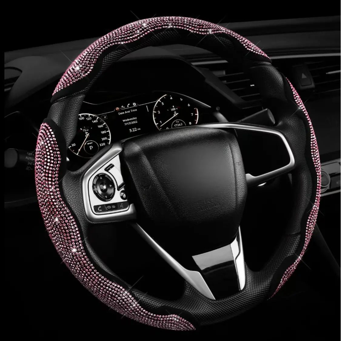 Sparkly rhinestone steeringwheelcover a light luxury, easy to install, women’s car interior accessory, season use crystal non-slip design install non slip thin fit mark quick silicone leather pu grip wheel wrap universal gear cover stitching Hand