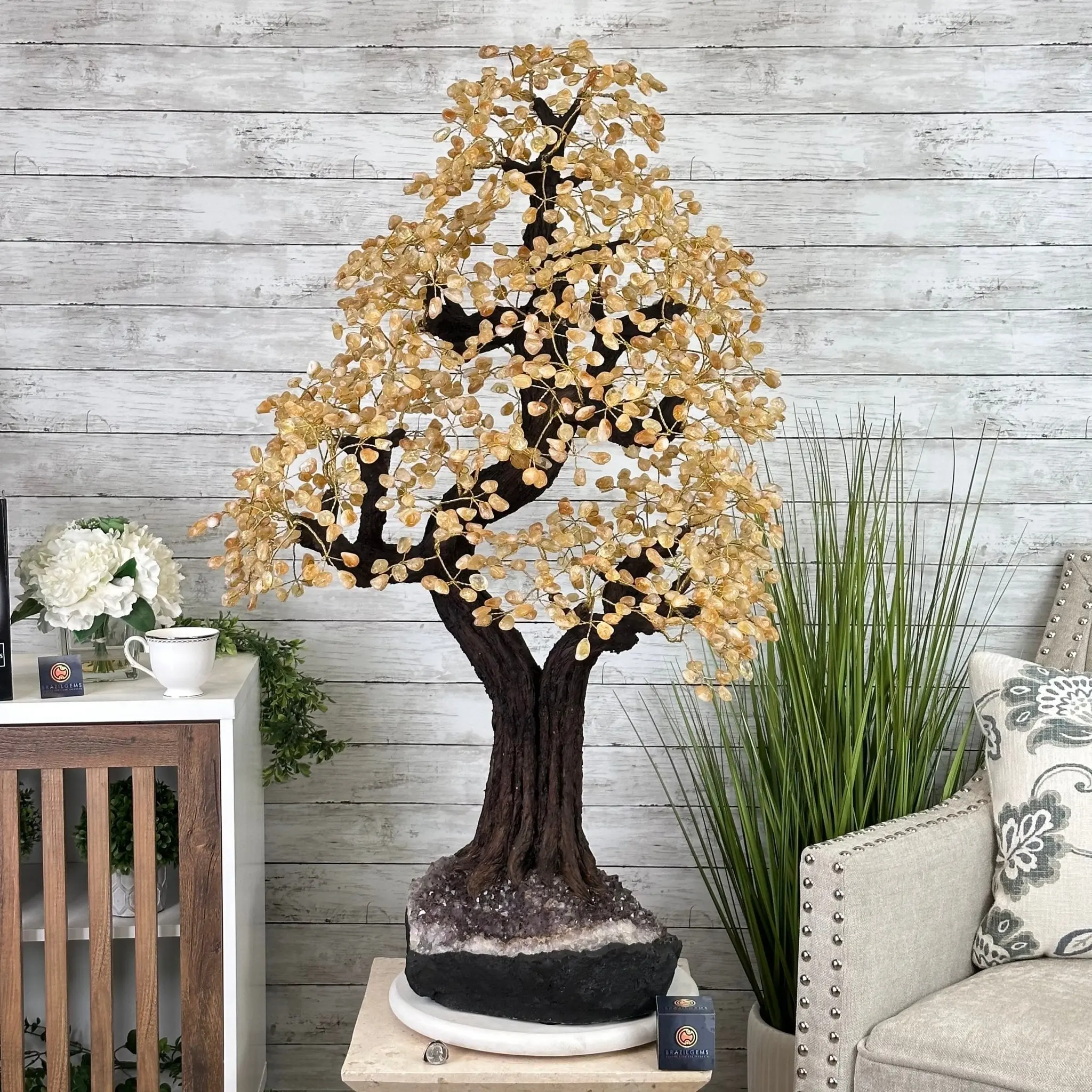 45" Tall Special Citrine Gemstone Tree with Amethyst base, 1320 Gems, 89.6 lbs #5441CI-001