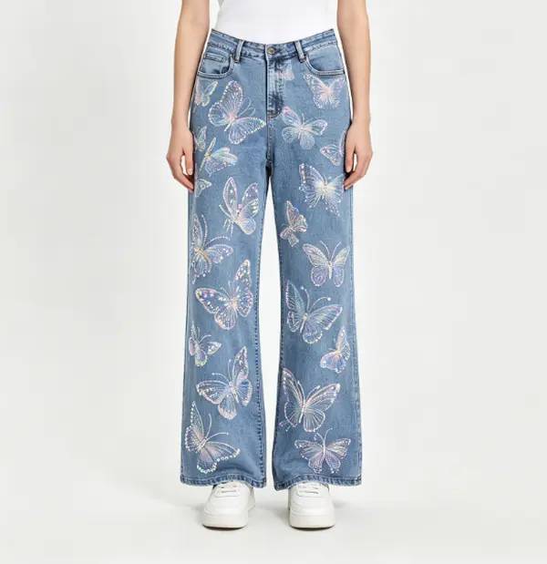 Medium Light Wash High Waist Full Iridescent Shiny Butterfly Print Wide Leg Jeans Women Sparkly Y2K Fairy Loose Bootcut Denim Trousers, All Butterfly Patterns Are Printed