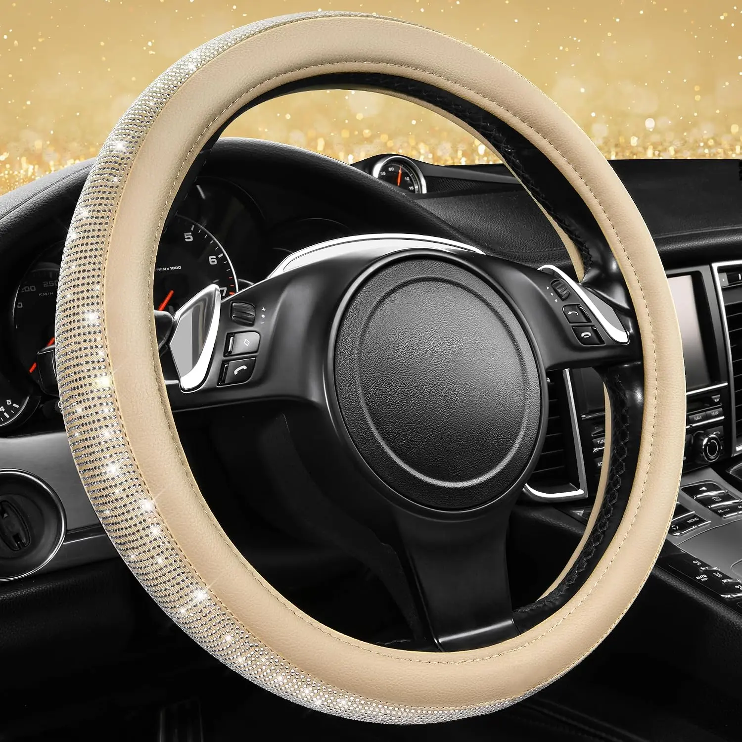 Women's Beige Bling Diamond Leather Steering Wheel Cover - White Sparkly Crystal Glitter Rhinestones, Universal 14.5-15in Fit for SUVs, Sedans, Car Wheel Protection Accessory