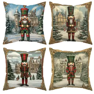 Jit 4 Piece Christmas Themed Cushion Covers with Nutcracker, Christmas Tree and Vintage House Patterns, Decorative 17.72 Inch Pillowcases for Sofa and Bedroom