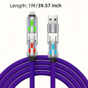 [Buy 1 Get 1 Free] 4-in-1 Multi Charging Cable 6.6ft, 65W Fast Charging & Data Sync Cord with USB A Type C Lightning Port, LED Breathing Light Universal Charger Cable for iPhone 16/15 iPad Pro All Smart Devices