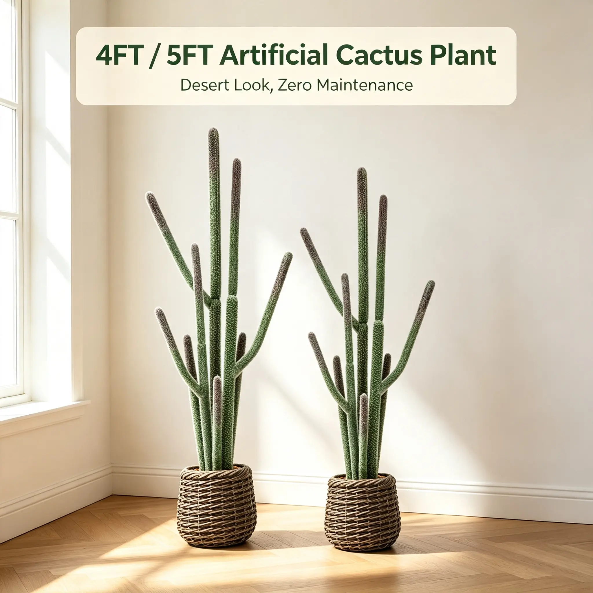 4FT & 5FT Realistic Artificial Column Cactus Plant, Large Faux Desert Cactus with Rattan Woven Pot, Low Maintenance Fake Succulent Floor Plant for Boho Living Room, Entryway & Indoor Home Decor greenery decorative gift artificialplants