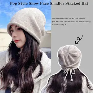 Women's Winter Knit Beanie Hat, Warm Fashionable Street Style, Unisex Sports Cap with Drawstring, Solid Color Korean-Style Beanies, Knit Hats