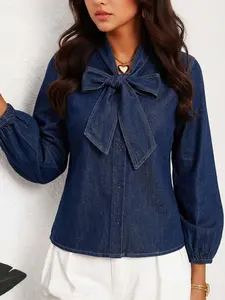 Women's Bow Tie Denim Shirt, French Bubble Sleeve Loose Casual Blouse, Stylish and Comfortable, Perfect for Daily Wear