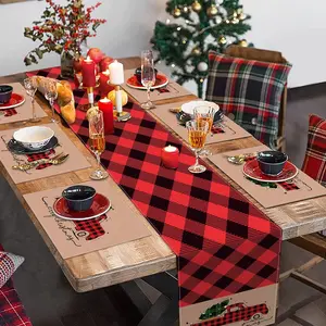 1 piece/4 piece/5 piece set/7 piece set, table flag and placemat set, Household Placemat, red buffalo grid truck restaurant decoration, suitable for daily use, holiday dining and celebration, indoor and outdoor dining table decoration, party decoration