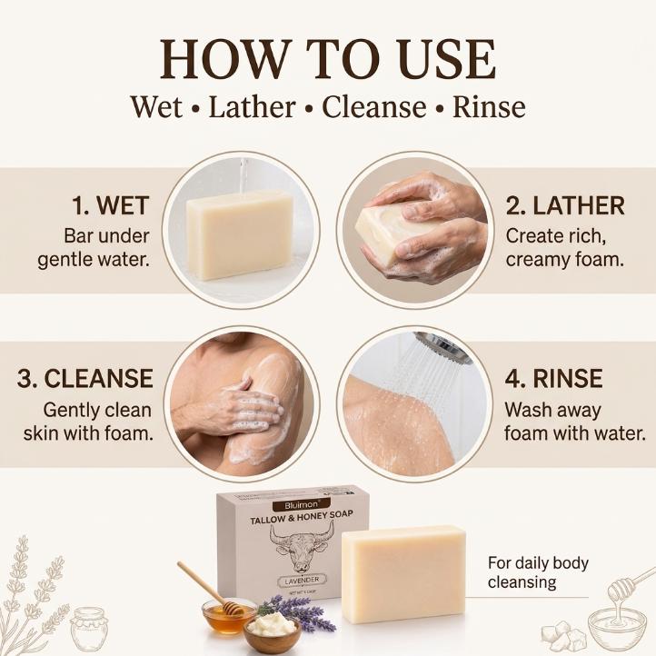 Bluimon Lavender Tallow & Honey Body Wash Soap - Rich Lather, Lavender Aroma Cleansing Bar for Daily Hand & Body Bath, Beauty & Personal Care Item