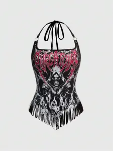 ZESTY NOX Gothic Style Gothic Horror Skeleton Bone Print Fringe Crop Top