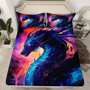 Dragon Fitted Sheet,Watercolor Red Blue Galaxy Bedding Set for Kids Boys Girls Adult Room Decor,3D Animals Bed Sheet Western Dragon Pattern Deep Pocket Sheet