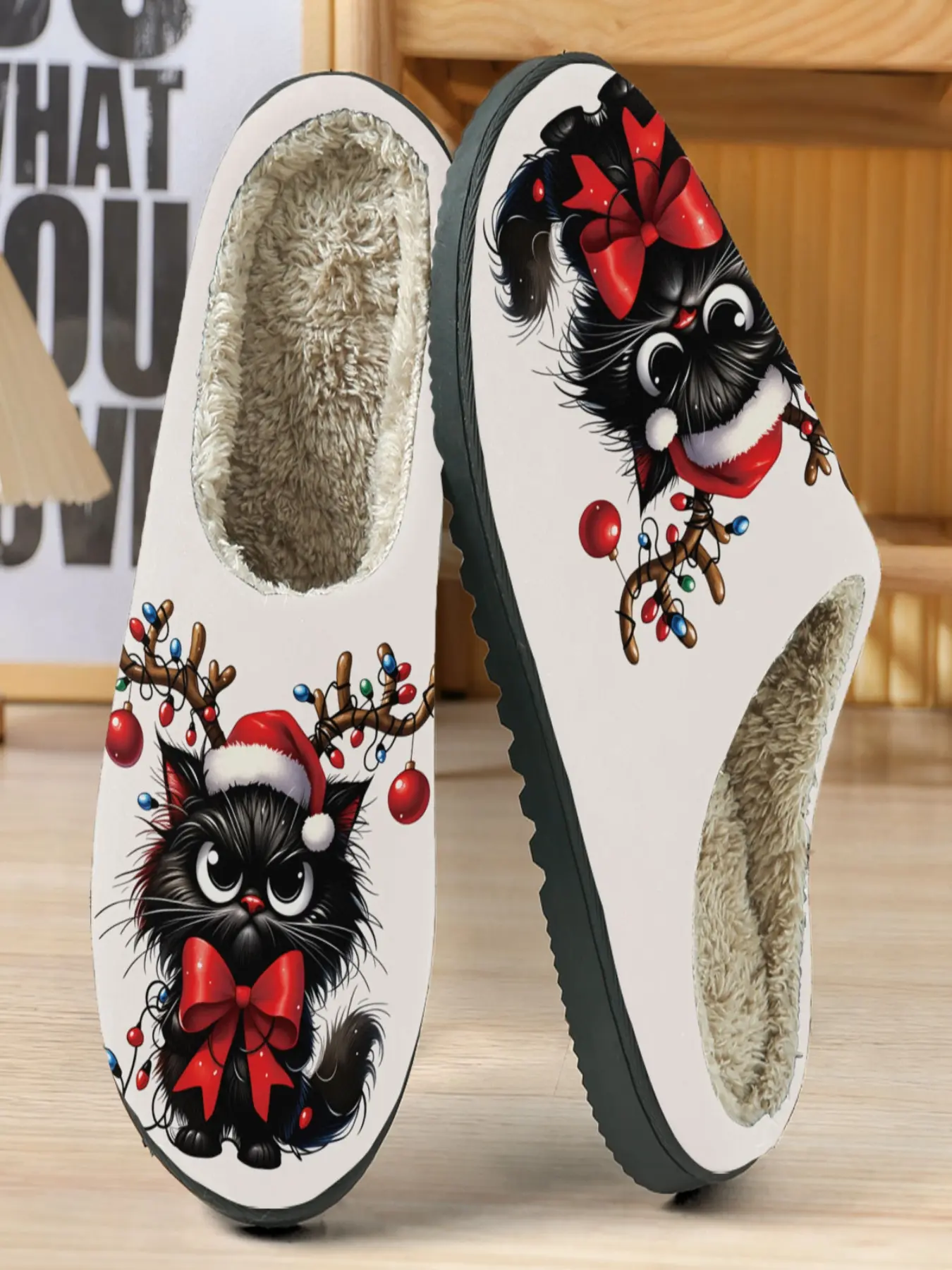Christmas Cat Plush Slippers, Cartoon Cat Design with Christmas Hat and Bow, Cozy Holiday Style for Home