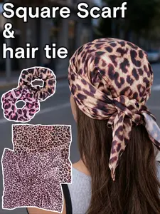 Trendy Leopard Print Scarf & Hair Tie Set, Fashionable Accessory Combo, Stylish Women's Headwear, Perfect for Daily Use, Leopard Print Headscarf