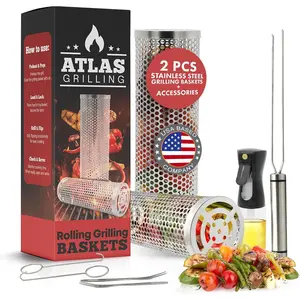 Atlas Grilling - Rolling Grill Basket: Great Grilling Gifts for Dad - 2 PCS Stainless Steel Grilling Accessories  and BBQ Accessories For Your Grill Set Utensils